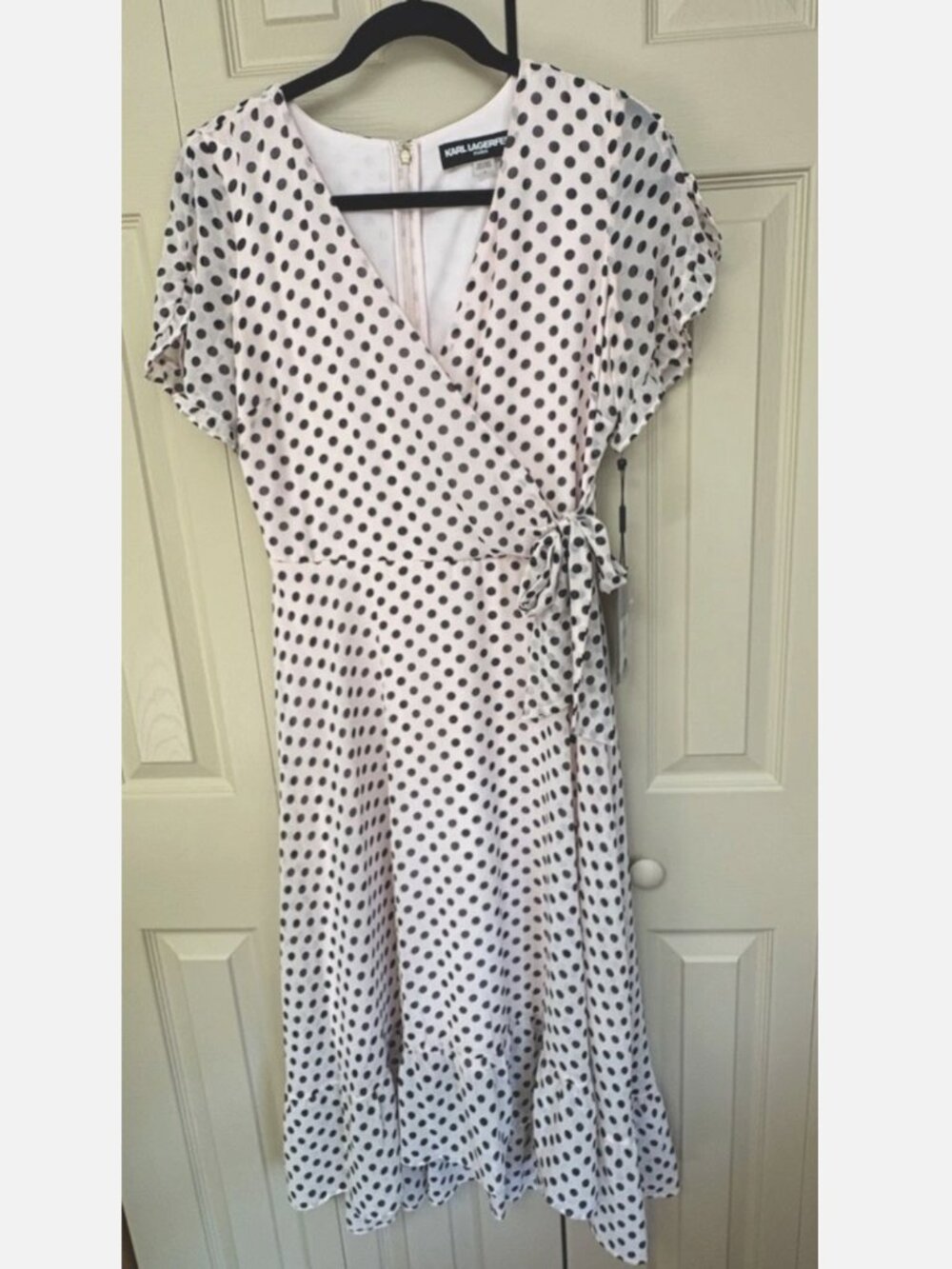 NWT Karl Lagerfeld Paris Pink Black Polka Dot Ruffle Midi Dress Size 4